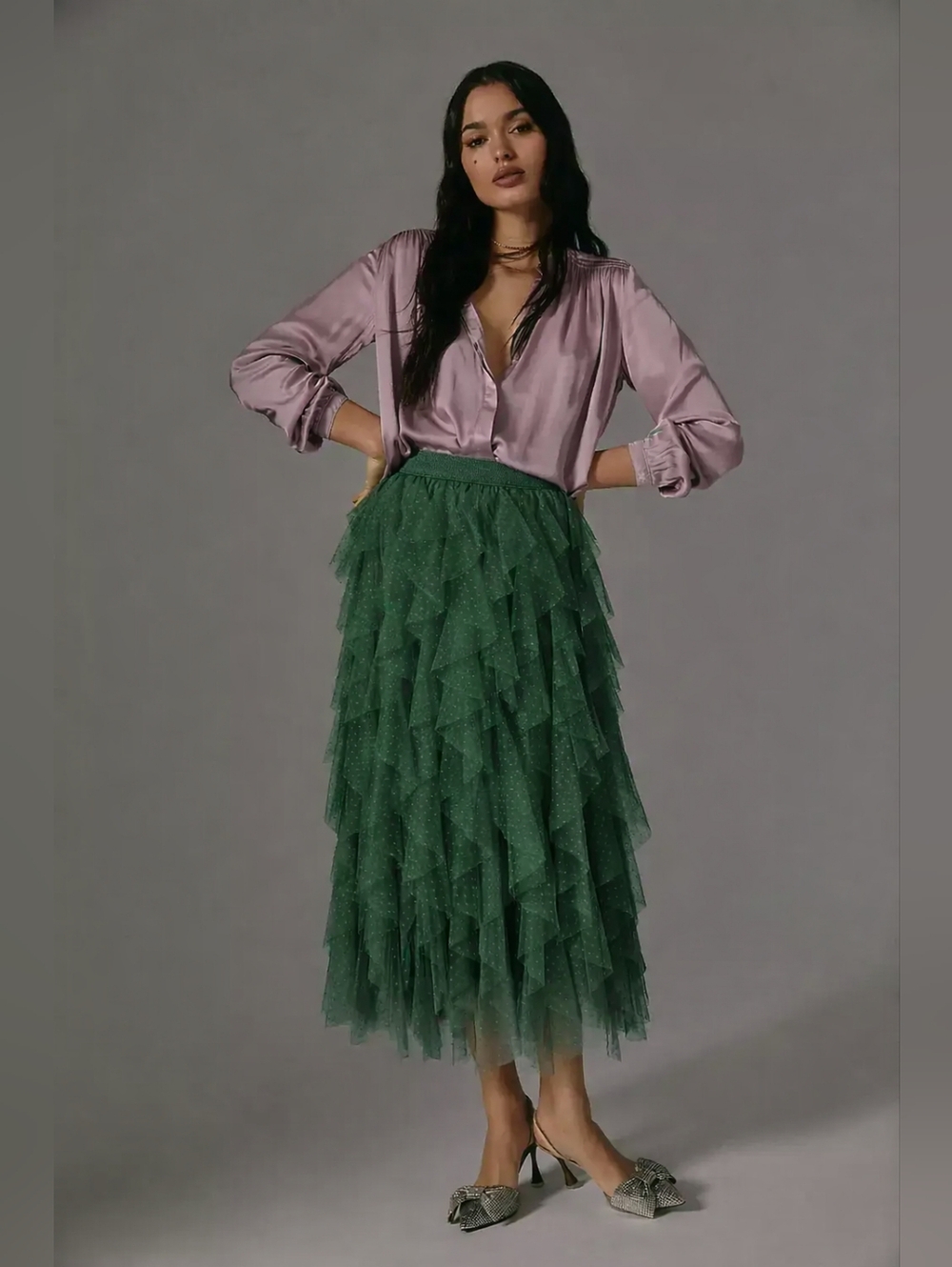 NWT by Anthropologie Petite Cheri in Dark Green Ruffled Tulle Midi Skirt XLP